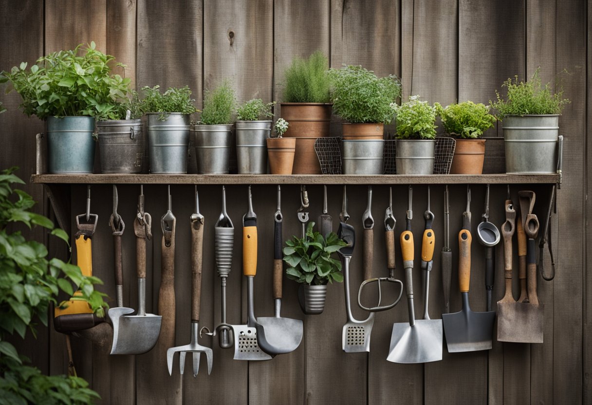 A weathered metal tool organizer hangs on a rustic shed wall, surrounded by various gardening tools and supplies