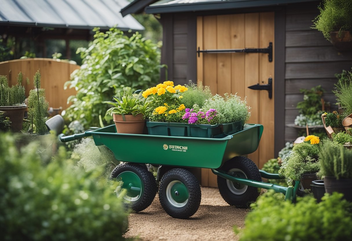 A portable garden cart filled with tools and potted plants next to a variety of garden shed ideas