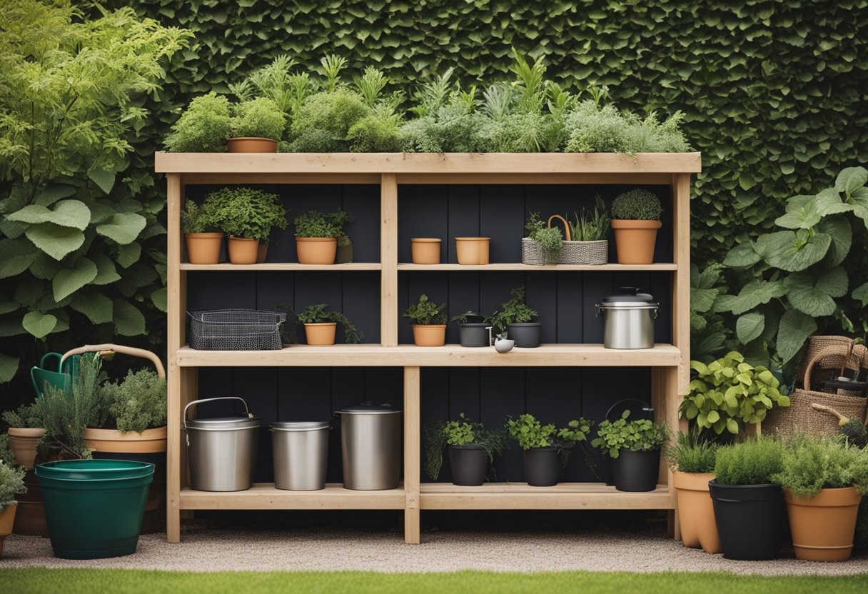 A sturdy, weatherproof storage bench sits in a lush garden, surrounded by various gardening tools and supplies. The bench is open, revealing neatly organized shelves and compartments