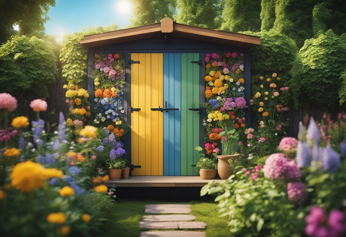 A garden shed adorned with colorful, hand-painted wooden panels, surrounded by blooming flowers and lush greenery