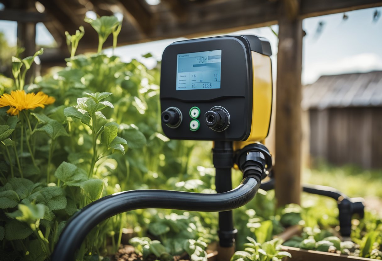 An automatic watering system installed in a garden shed, with hoses, pipes, and a control panel