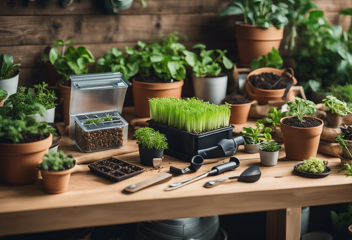 A compact seed starter kit surrounded by 18 garden shed ideas with various tools, pots, and plants arranged neatly on a wooden table