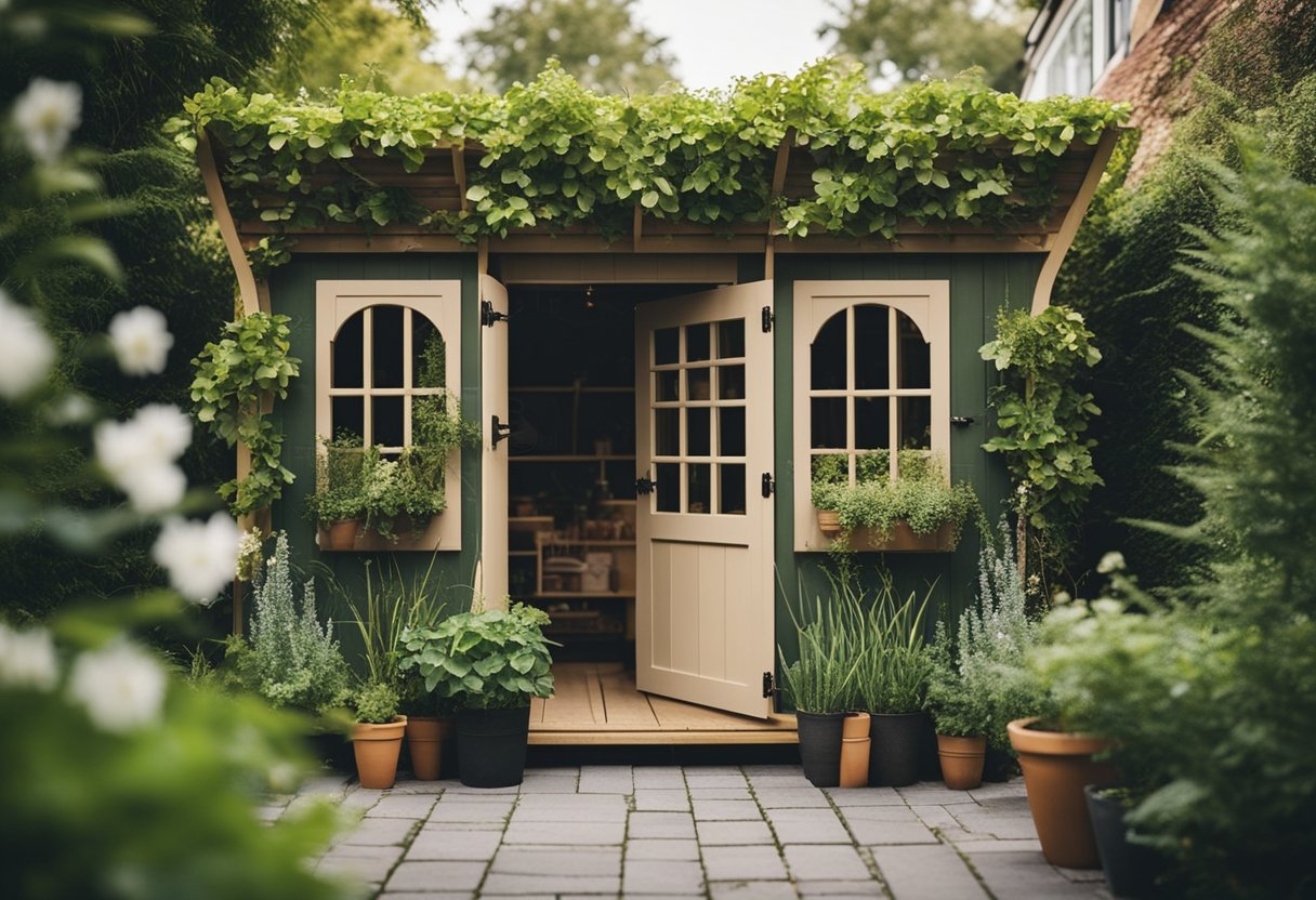 A garden shed with a stylish trellis, surrounded by lush greenery and flowering plants