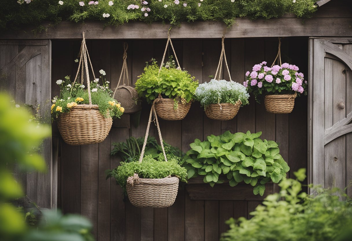 Several decorative hanging baskets adorn a rustic garden shed, adding a charming touch to the outdoor space