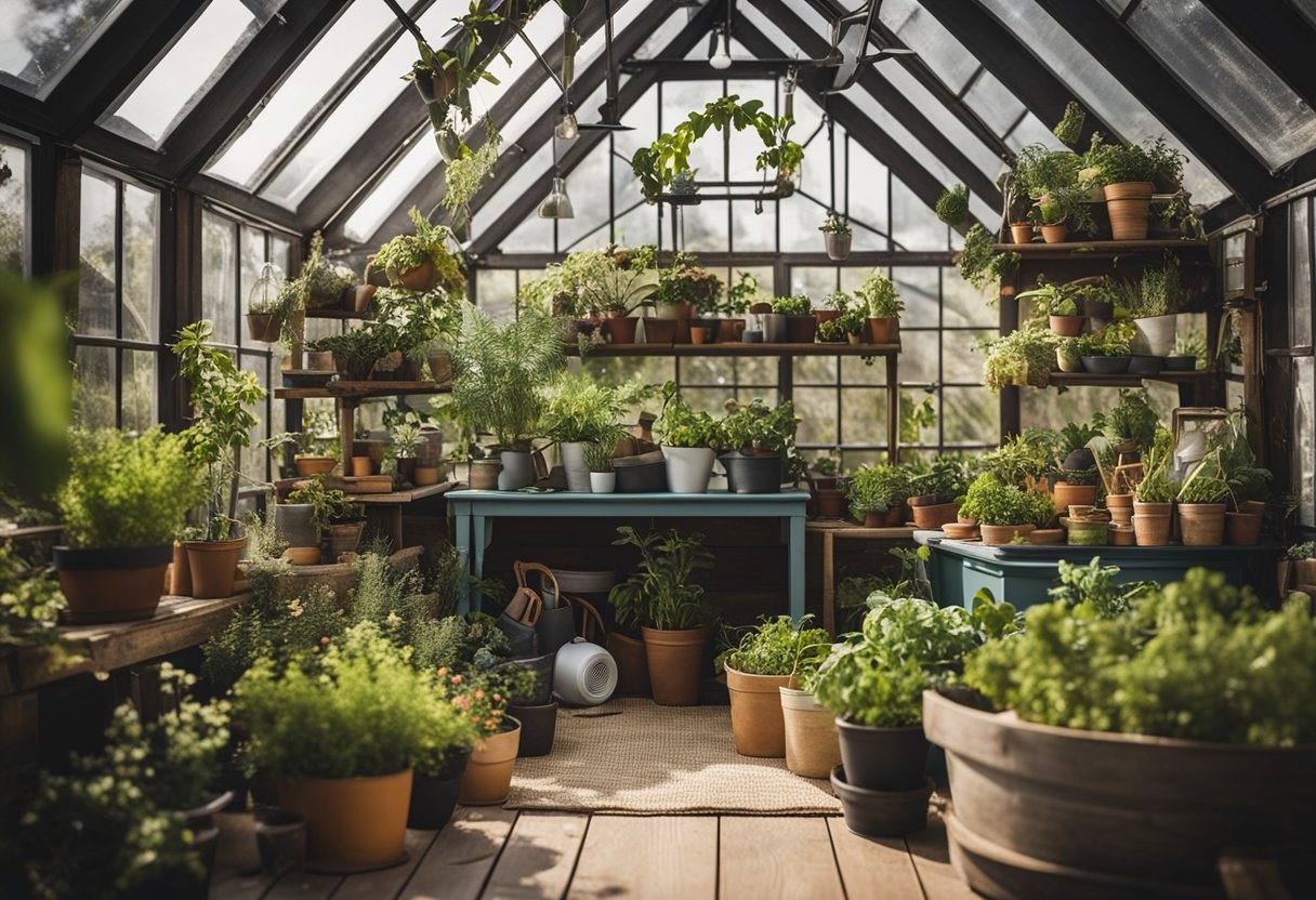 A mini greenhouse kit surrounded by 18 garden shed ideas, with various plants and gardening tools scattered around