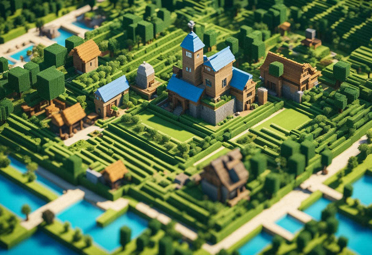 A bustling Minecraft farm with various crops, animals, and structures, surrounded by lush greenery and a vibrant blue sky