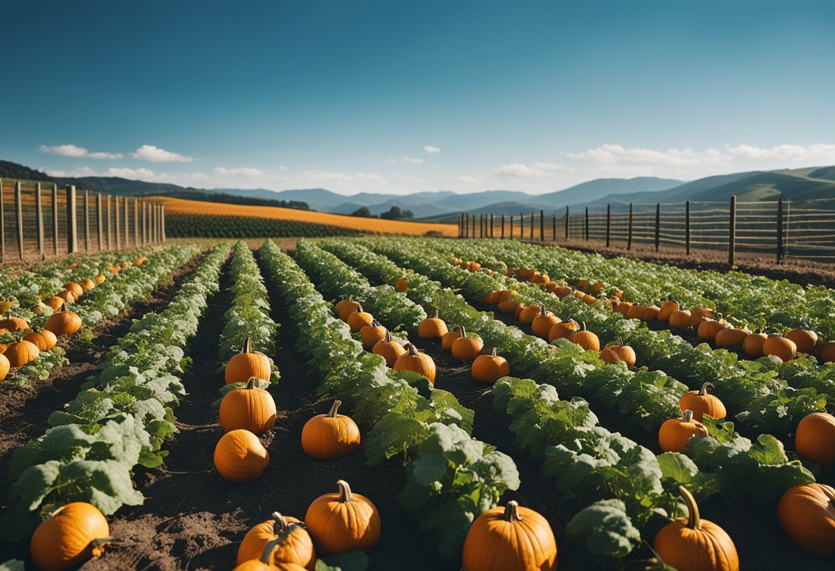 A small pumpkin farm with neatly arranged rows of compact plants, surrounded by a simple fence and set against a backdrop of rolling hills and a clear blue sky