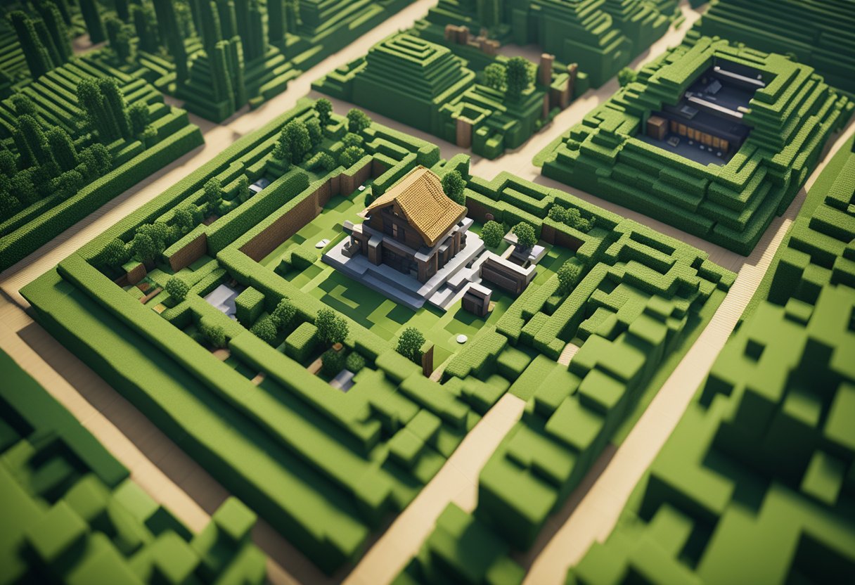 A bustling Minecraft farm with sleek, modern design and vibrant crops