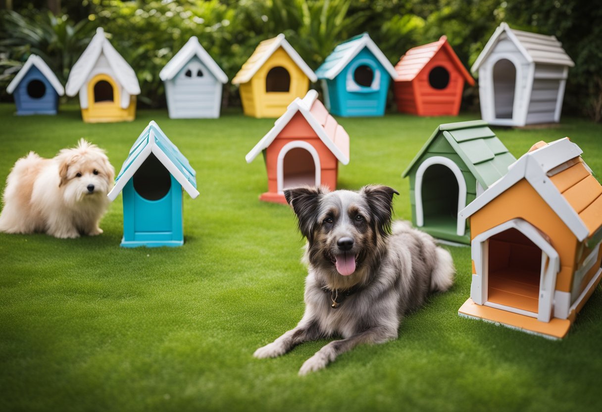 A variety of dog houses in different shapes, sizes, and designs are displayed in a colorful outdoor setting, surrounded by lush greenery and playful pups