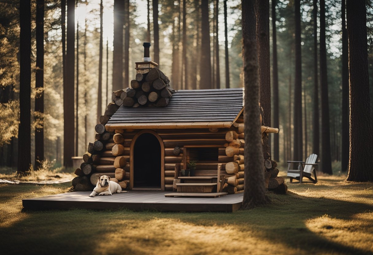 A rustic log cabin dog house nestled in a wooded clearing, surrounded by tall pine trees and a cozy fire pit