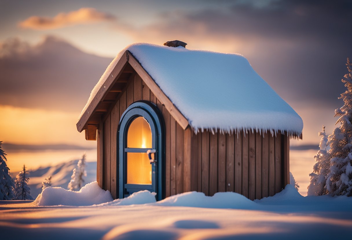 An insulated arctic dog house surrounded by snow and ice, with a warm glow emanating from the entrance