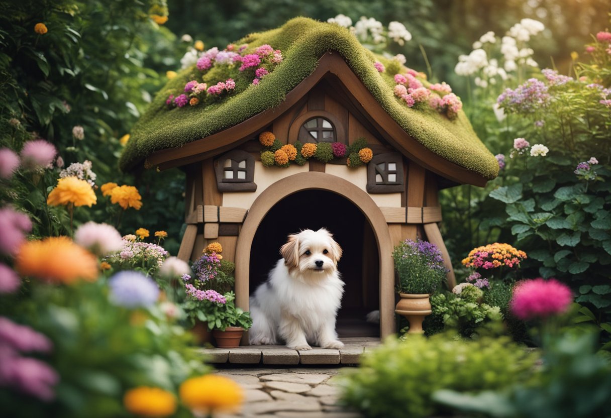 A charming fairy tale cottage-inspired dog house surrounded by a lush garden, with whimsical details like a thatched roof and colorful flowers