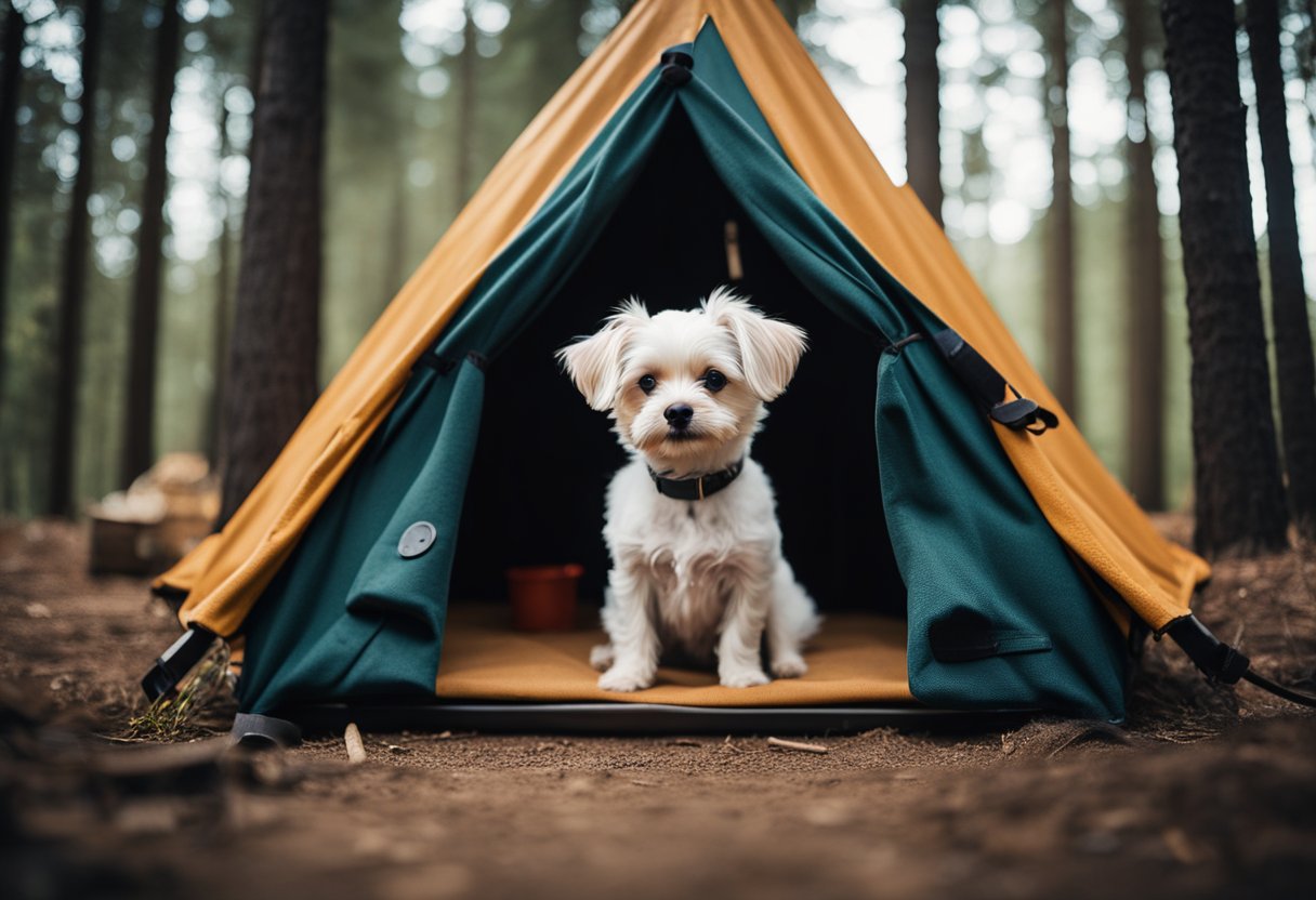 A small dog rests inside a canvas camping dog house, surrounded by trees and a campfire