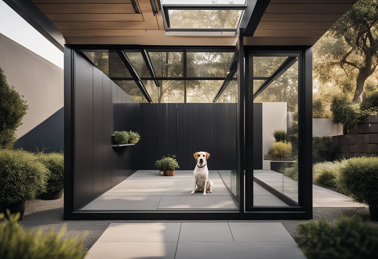 A sleek, modern dog enclosure with clean lines and minimalistic design, surrounded by a serene outdoor setting