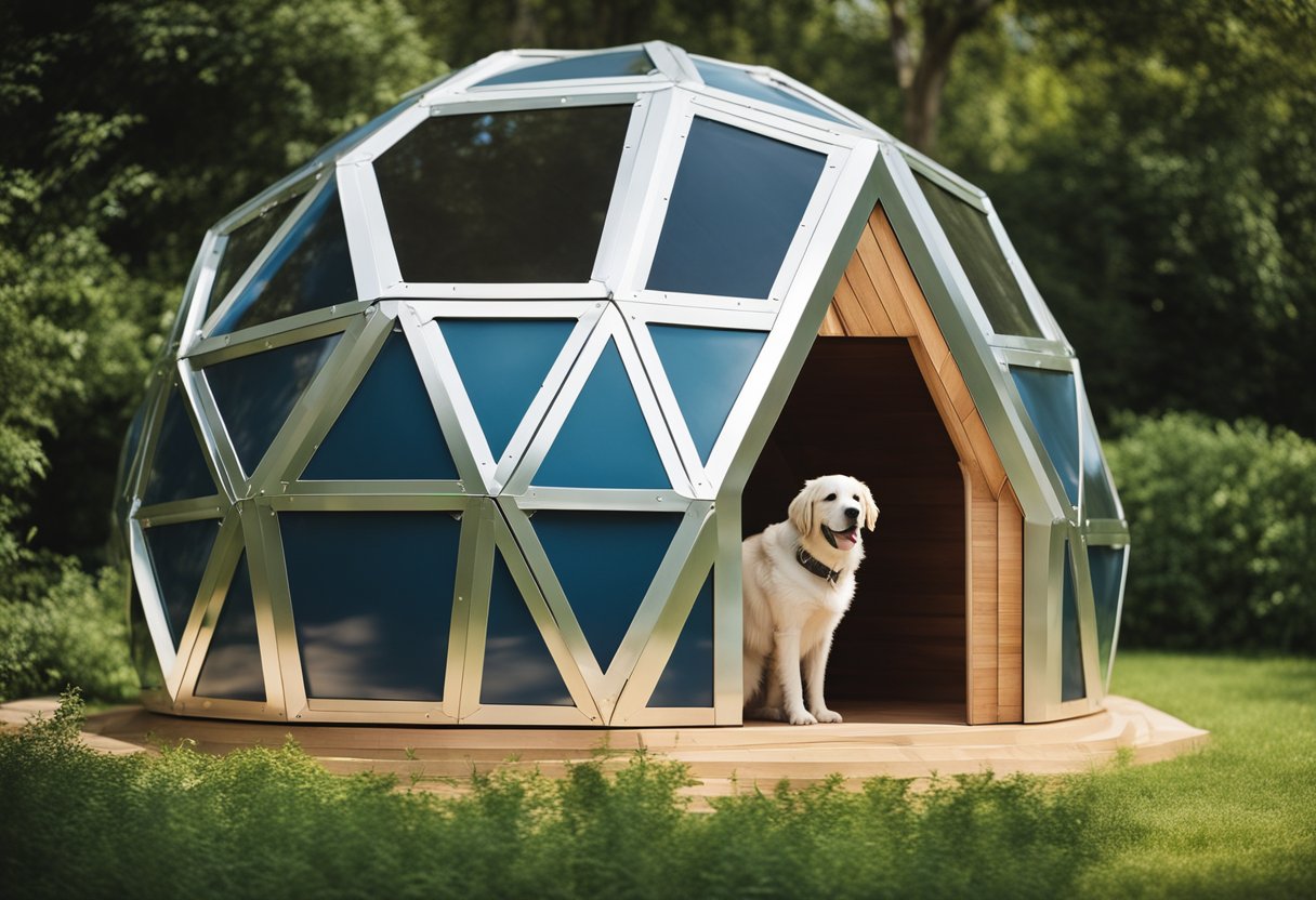 A geodesic dome dog house with modern design, surrounded by lush greenery and a clear blue sky