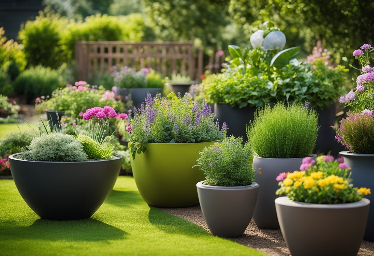 A variety of garden planters arranged in a backyard setting, showcasing different shapes, sizes, and materials. Some are filled with colorful flowers, while others hold green foliage or herbs