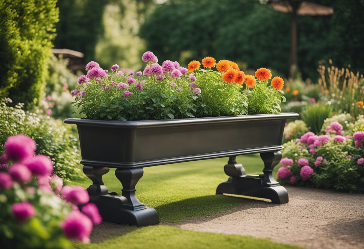 A vintage metal trough planter filled with blooming flowers sits in a lush garden surrounded by other unique garden planters