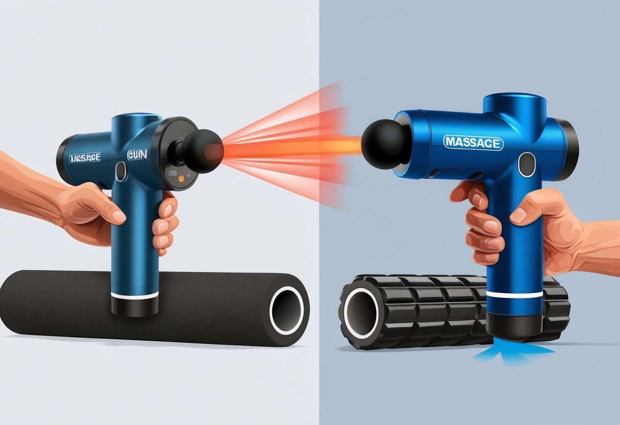 A massage gun and foam roller side by side, with the massage gun in action targeting a specific muscle group