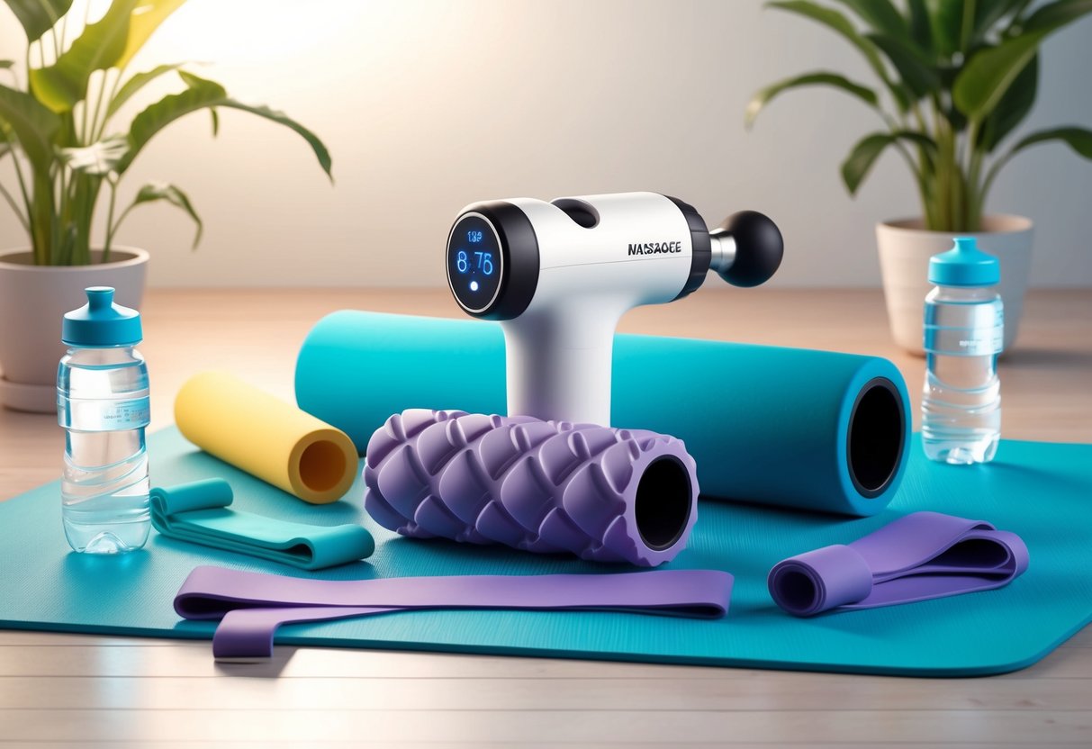 A massage gun and foam roller sit on a yoga mat surrounded by stretching bands and water bottles. A serene setting with soft lighting and plants in the background