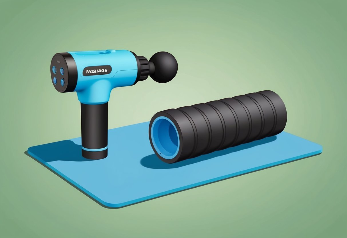 A massage gun and foam roller face off on a fitness mat. The massage gun hums, while the foam roller sits still