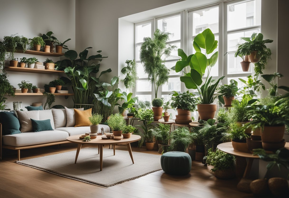 A cozy living room with 15 different types of indoor plants arranged on shelves, windowsills, and tables, creating a lush and green atmosphere