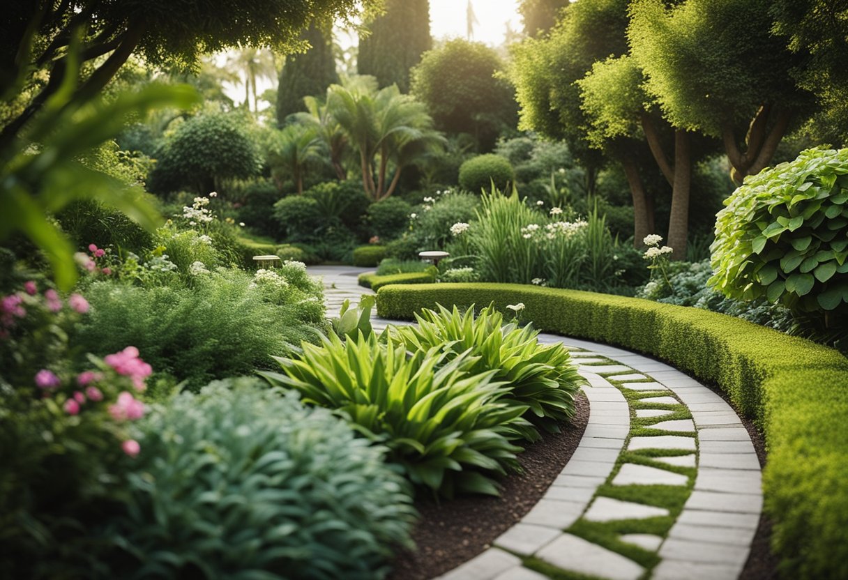 A lush garden with a variety of plants, flowers, and trees arranged in a visually appealing and harmonious manner. The garden is well-maintained and includes features such as a pathway, seating area, and decorative elements