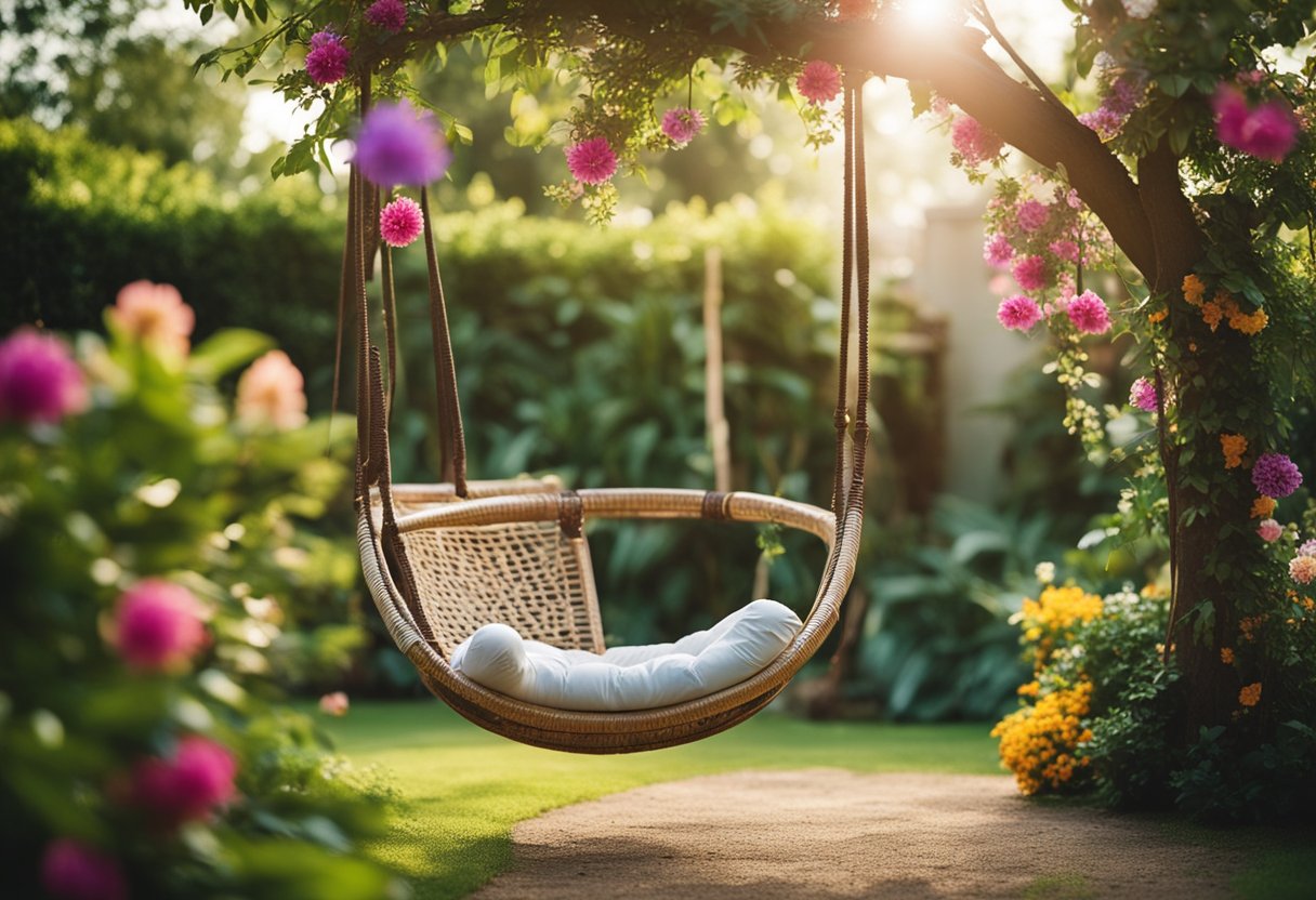 A rattan swing chair hangs from a sturdy tree branch in a lush garden, surrounded by colorful flowers and greenery