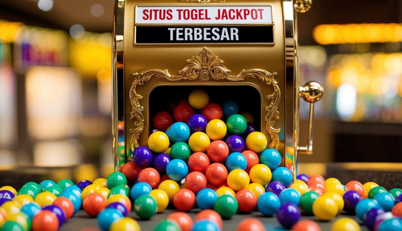 Sekumpulan bola lotere berwarna-warni yang tumpah dari mesin emas yang dihiasi dengan tulisan "Situs togel jackpot terbesar" di atasnya