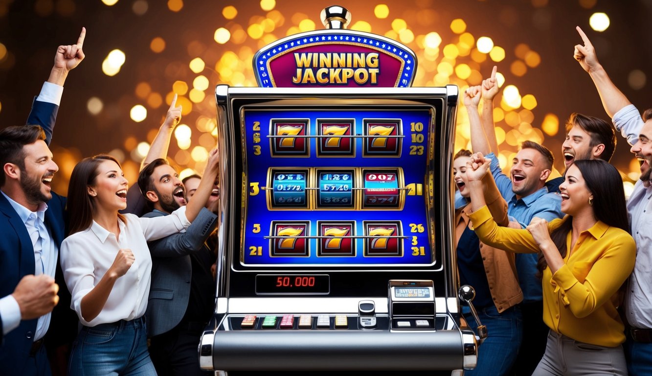 Sebuah mesin slot berwarna-warni dengan lampu berkedip dan simbol kemenangan, dikelilingi oleh pemain yang bersemangat merayakan kemenangan jackpot besar