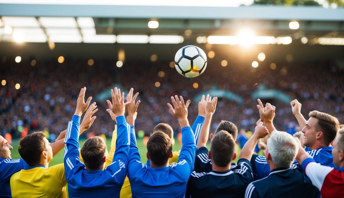 Sebuah bola sepak terbang ke gawang, dikelilingi oleh penggemar yang bersorak