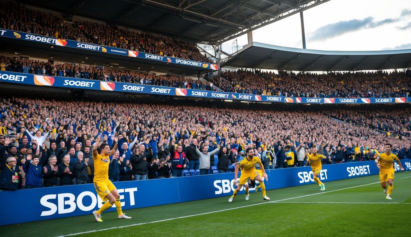 Sebuah stadion olahraga yang ramai dengan penggemar yang bersorak dan pemain yang sedang beraksi, dikelilingi oleh merek dan logo Sbobet.