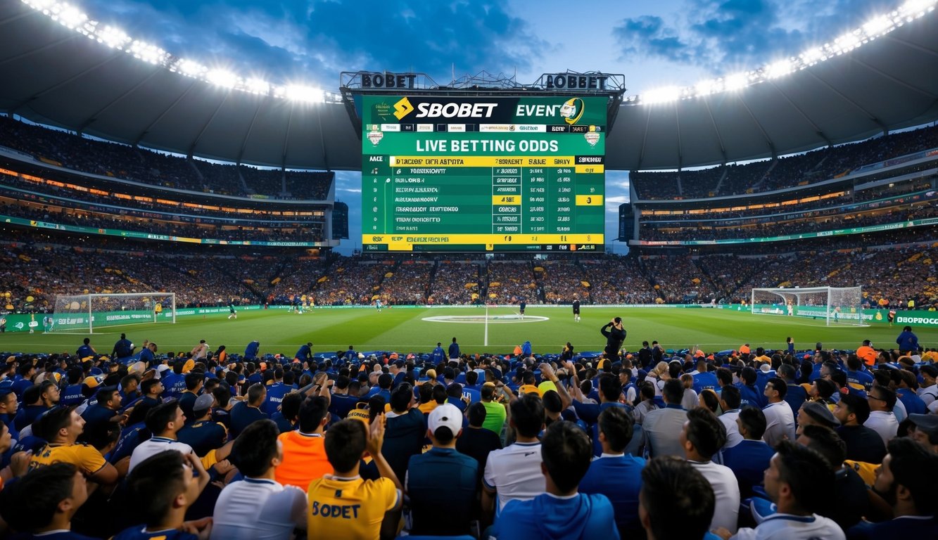 Sebuah stadion yang ramai dengan layar video besar yang menampilkan peluang taruhan langsung untuk acara Sbobet. Para penggemar bersorak dan menonton pertandingan.