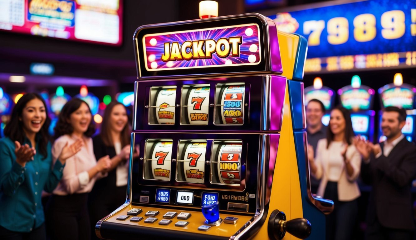 Mesin slot berwarna-warni dengan lampu berkedip dan gulungan berputar, dikelilingi oleh pemain yang bersemangat dan tampilan jackpot besar