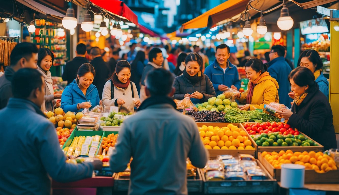 Pasar yang ramai dengan kios-kios berwarna-warni dan lampu-lampu terang, dikelilingi oleh pelanggan dan penjual yang antusias bertukar barang.