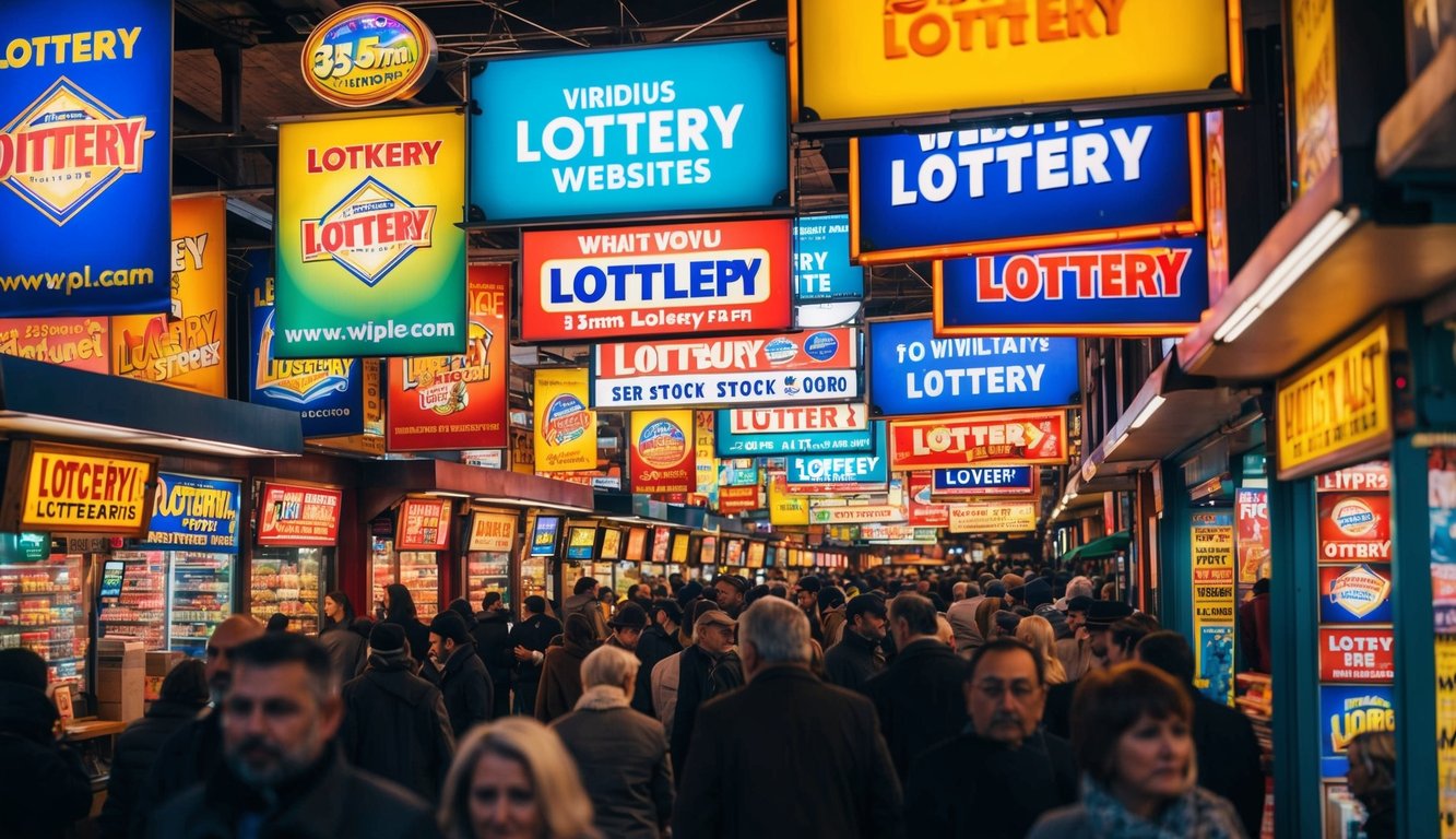 Pasar yang ramai dengan spanduk berwarna-warni dan papan iklan neon yang mengiklankan berbagai situs lotere