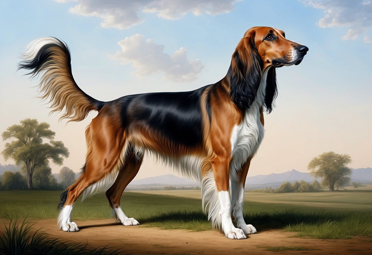 An Afghan Hound dog standing gracefully with its long, silky coat flowing in the wind, its ears perked up and its elegant posture exuding regal grace