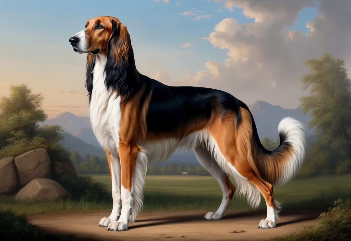 An Afghan Hound stands tall and elegant, with a long, flowing coat and a regal posture, gazing off into the distance with a dignified expression