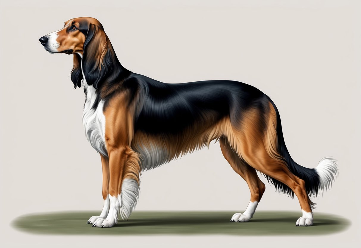 An Afghan Hound dog stands tall and elegant, with a regal posture and a dignified expression on its face. Its long, flowing coat cascades down its body, giving it a graceful and majestic appearance