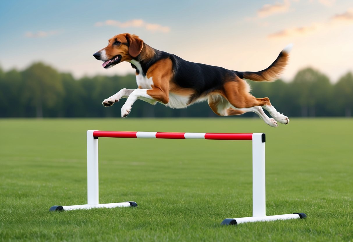 An Afghan Hound dog gracefully leaps over hurdles during training in a spacious outdoor field