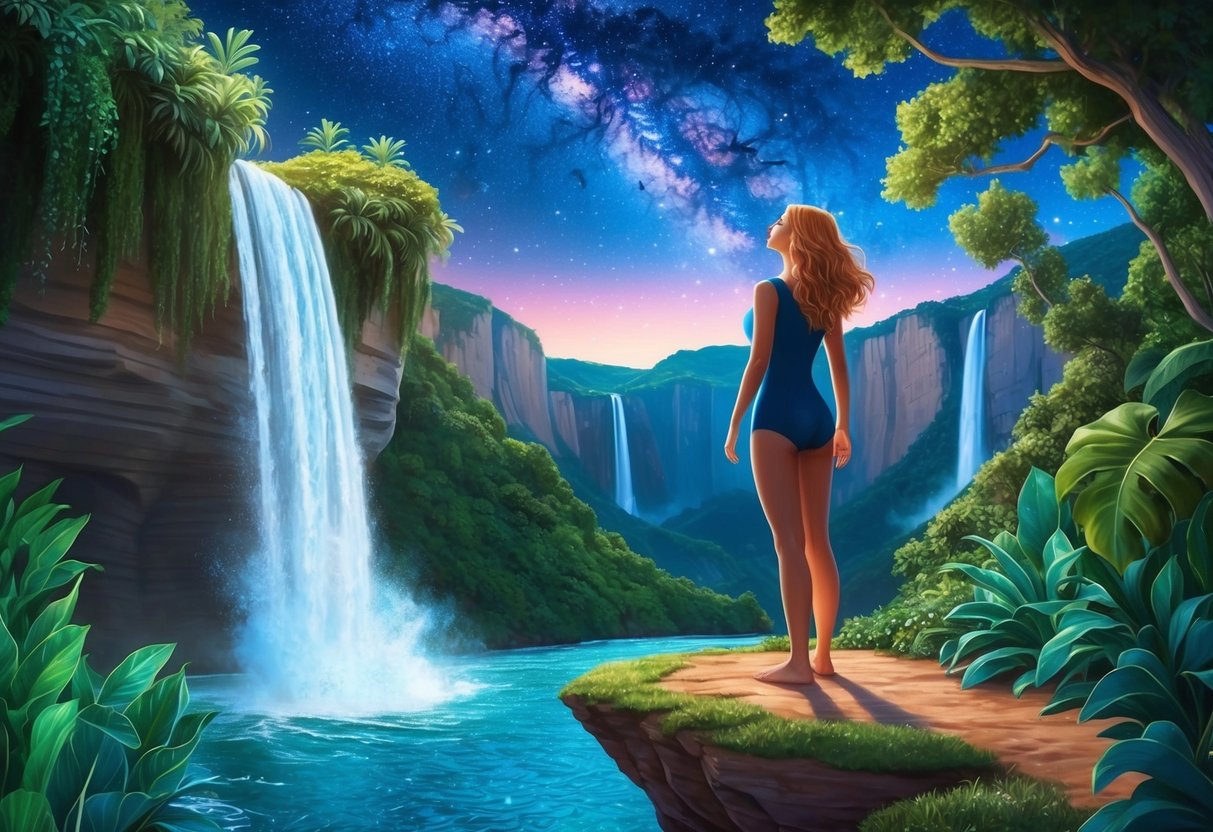 An Aquarius woman standing on a cliff, surrounded by waterfalls and lush greenery, gazing at the stars above