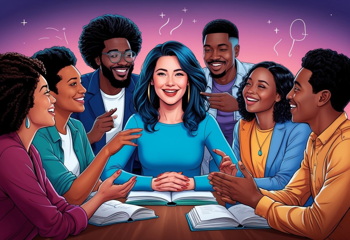 An Aquarius woman surrounded by a diverse group of friends, engaged in deep conversations and laughter, creating a harmonious and inclusive atmosphere