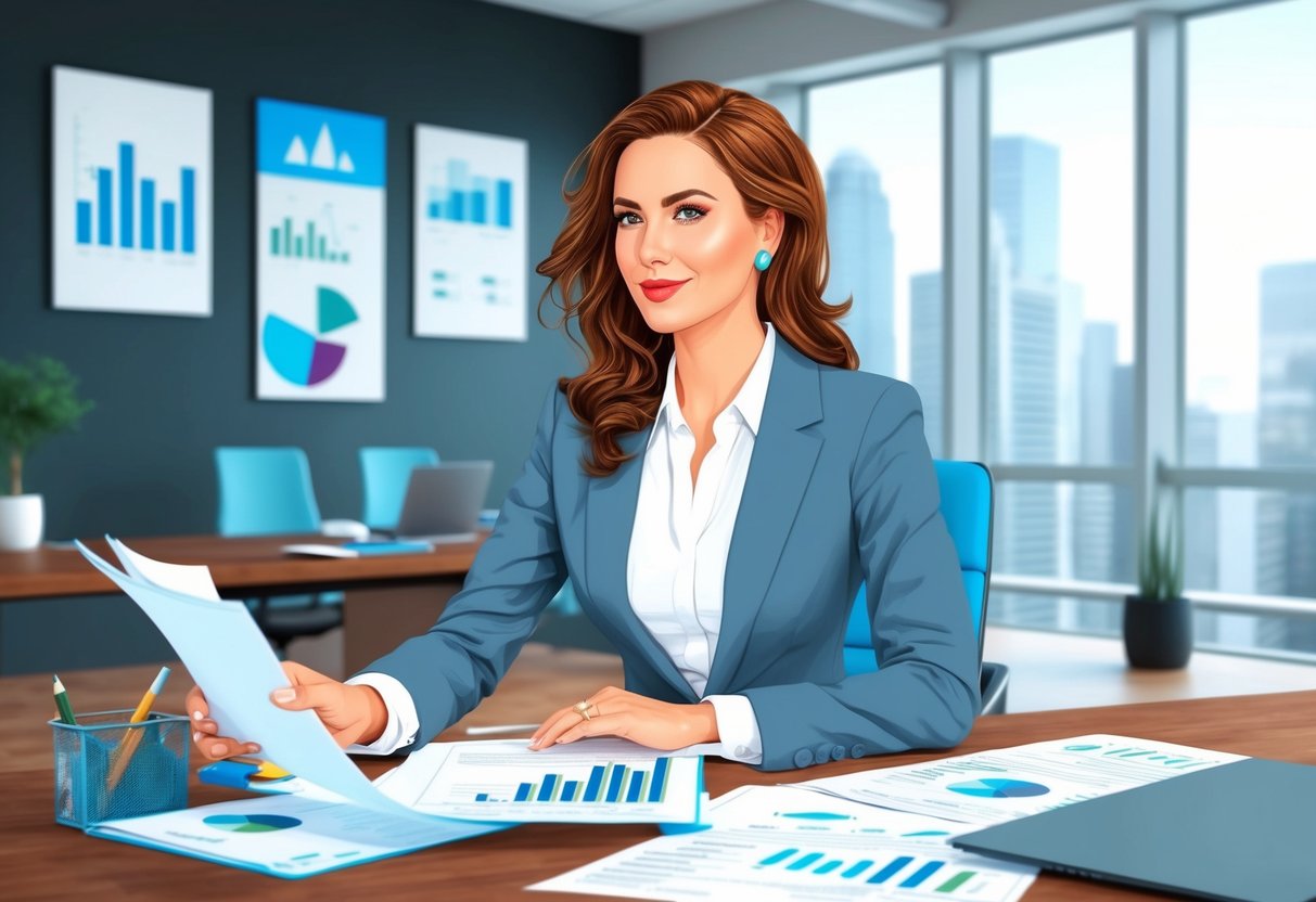 An Aquarius woman in a modern office, confidently managing financial documents and charts with a focused expression