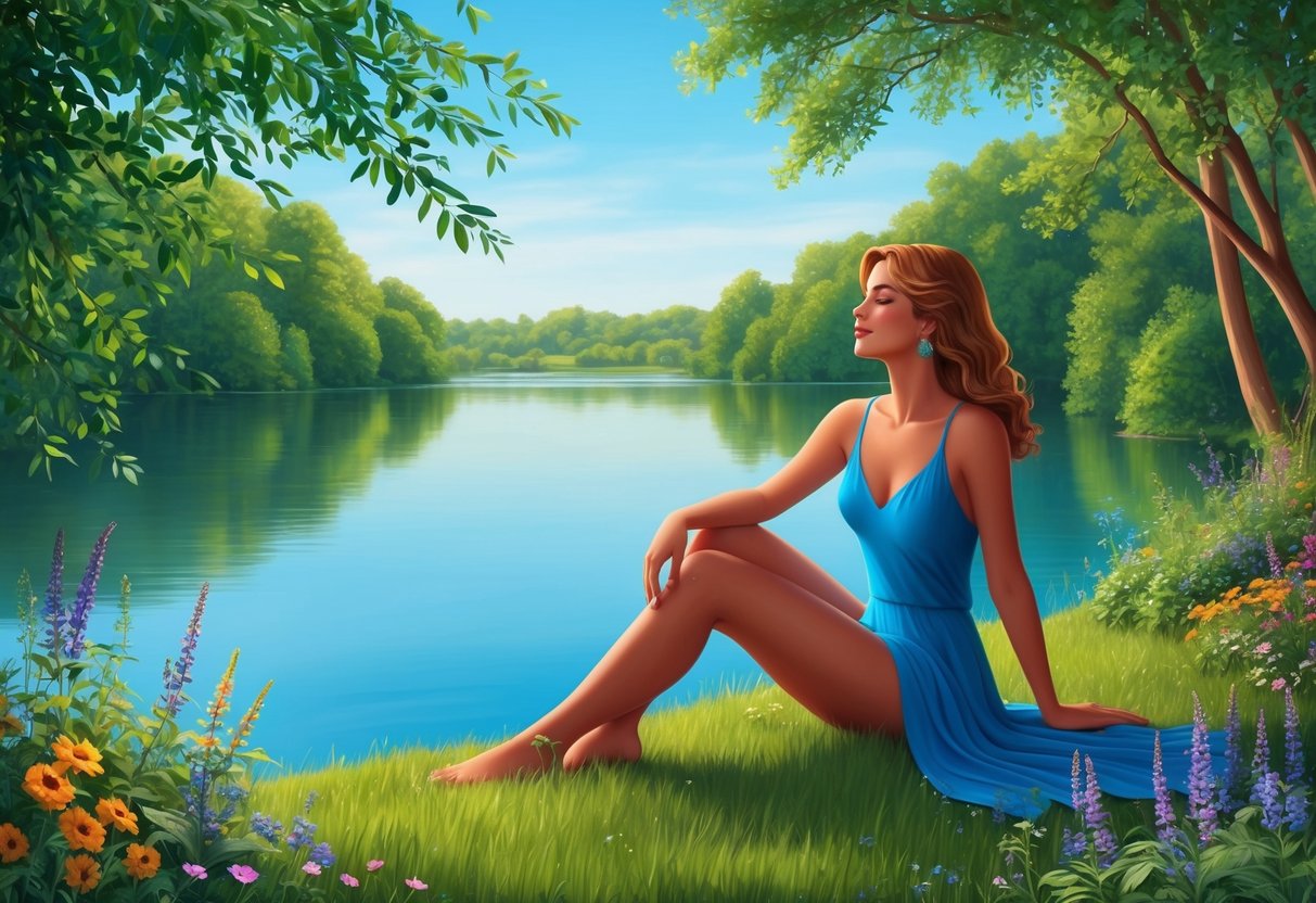 An Aquarius woman enjoying a serene moment by a tranquil lake, surrounded by lush greenery and colorful wildflowers