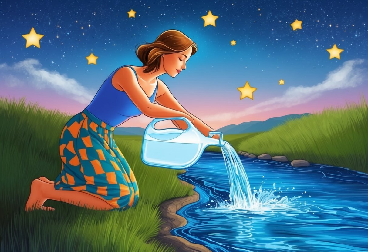 A woman pouring water from a jug into a flowing river, surrounded by stars and a sense of freedom