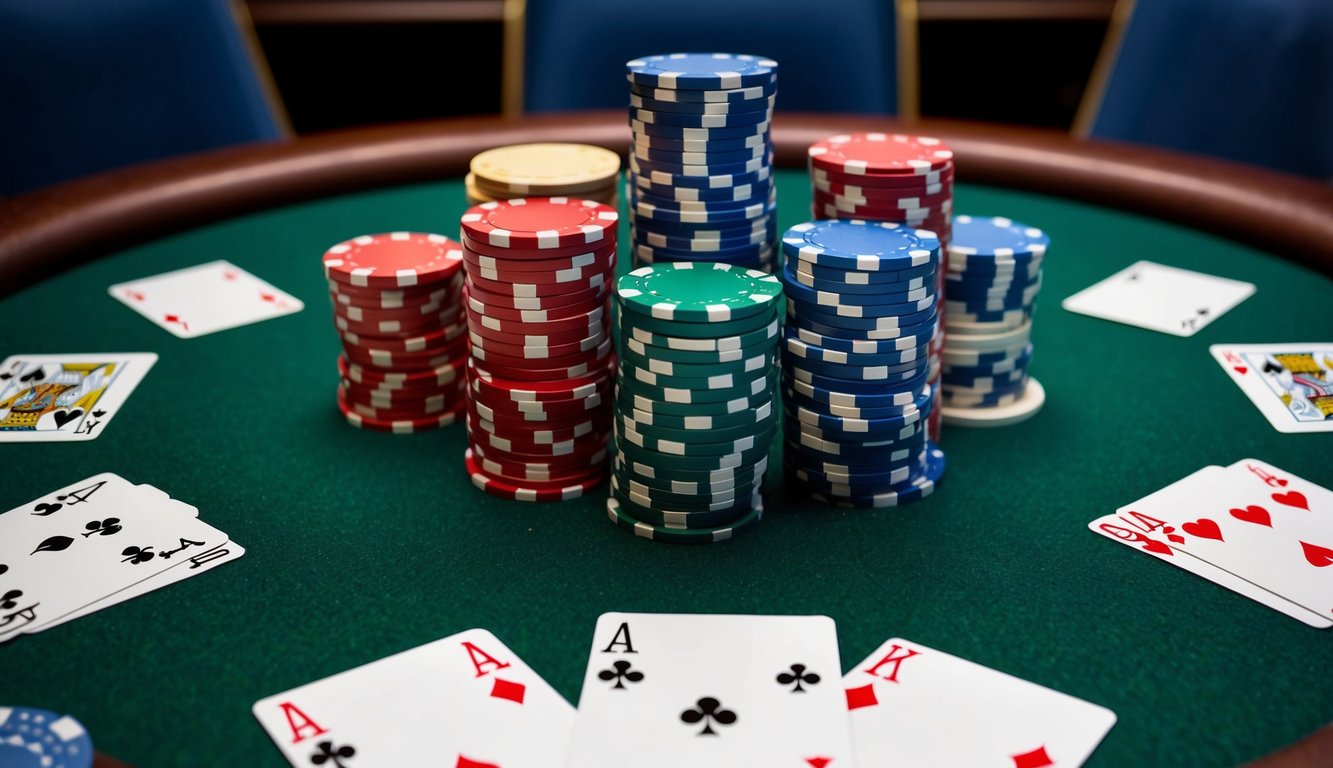 Sekelompok chip poker dan kartu bermain yang disusun di atas meja felt hijau, dikelilingi oleh beberapa kursi pemain