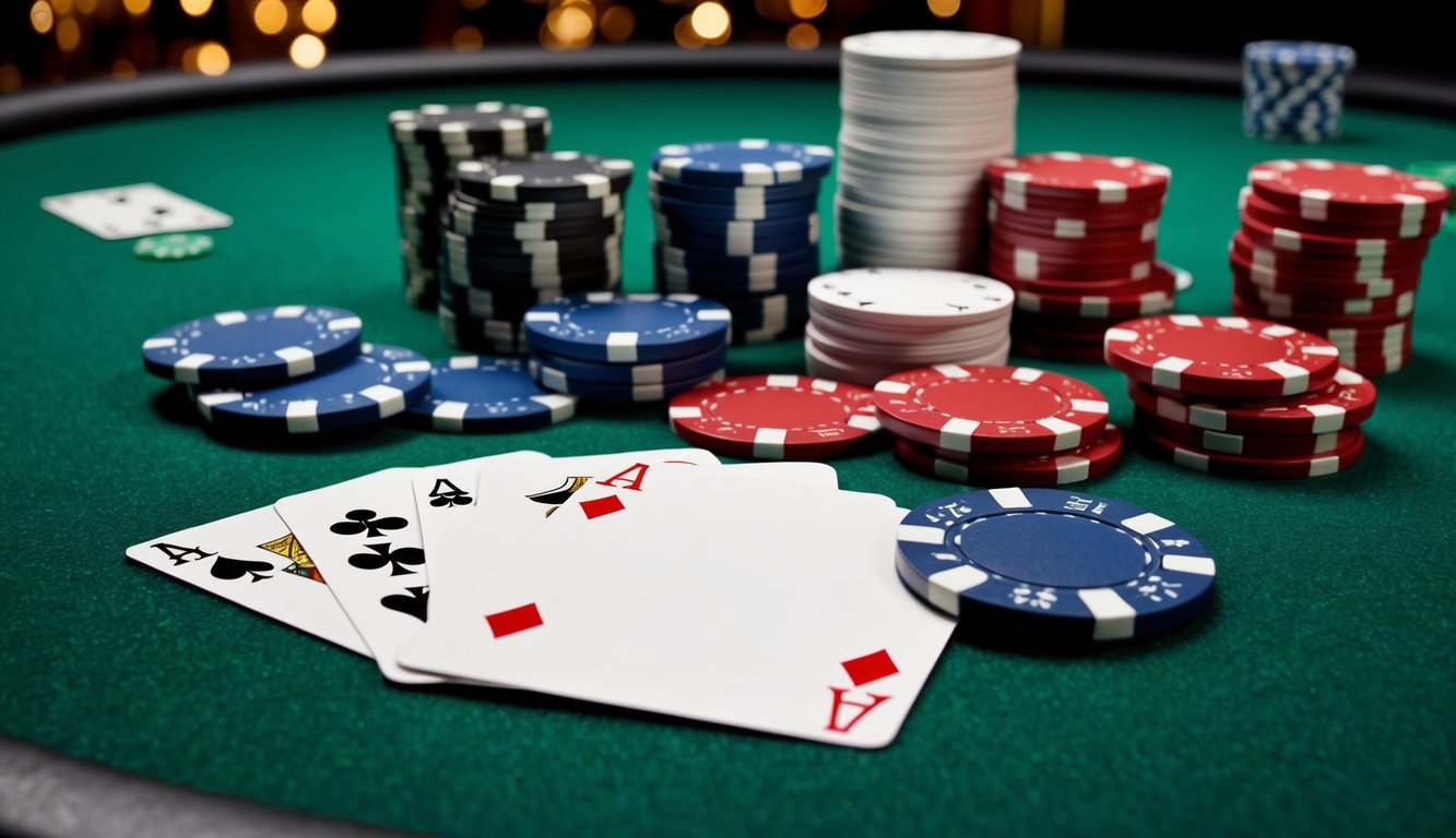 Sekelompok chip poker dan kartu tersebar di atas meja felt hijau, dengan tombol dealer dan tumpukan chip di latar belakang