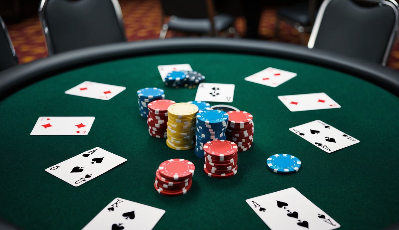 Sekelompok chip poker dan kartu remi tersebar di atas meja felt hijau, dikelilingi oleh beberapa kursi kosong