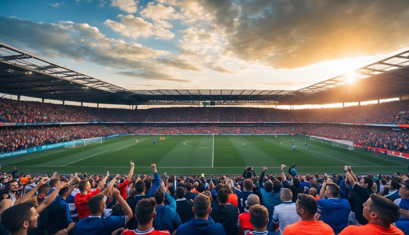 Sebuah stadion yang ramai dengan penggemar yang bersorak dan pemain di lapangan sepak bola