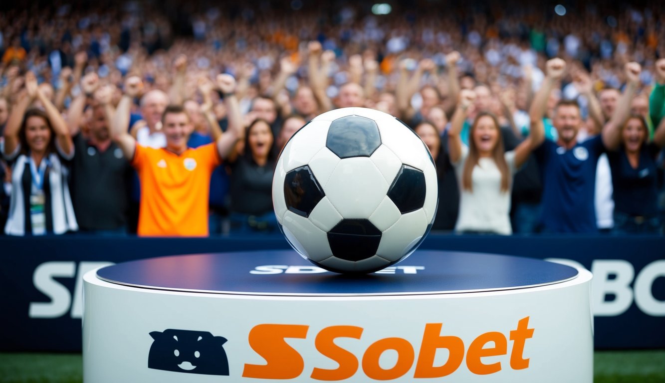 Sebuah bola sepak yang terletak di atas platform dengan logo Sbobet, dikelilingi oleh kerumunan penggemar yang bersorak.