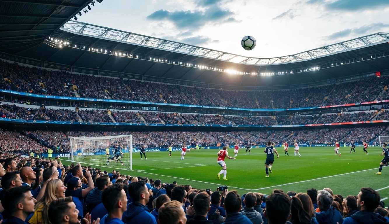 Sebuah stadion yang ramai dengan penggemar yang bersorak, sebuah bola sepak terbang di udara menuju gawang, dan pemain-pemain yang beraksi di lapangan